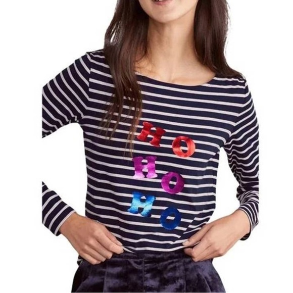 New! Boden Christmas long sleeve stripped shirt top, navy white, women's size 12 - Picture 1 of 10
